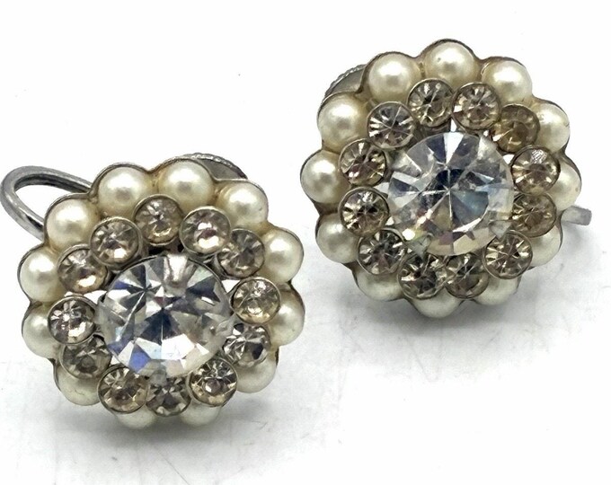 Vintage Faux Pearl Rhinestone Cluster Screw Back Earrings .75 Inch