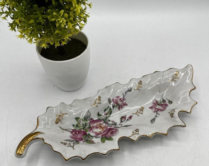 Vintage Porcelain Leaf Dish Arnart Crossed Arrows 1027 Pink Roses Gold Trim