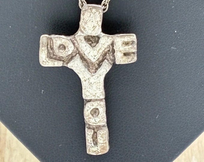 Vintage Sterling Silver LOVE YOU Cross Pendant Necklace Oxidized Artisan Style Rope Chain