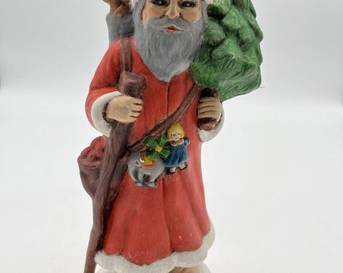 Santa Claus Figurine Signed 87' Toys Tree Puppy Ceramic Hand Painted 11" Tall Vintage
