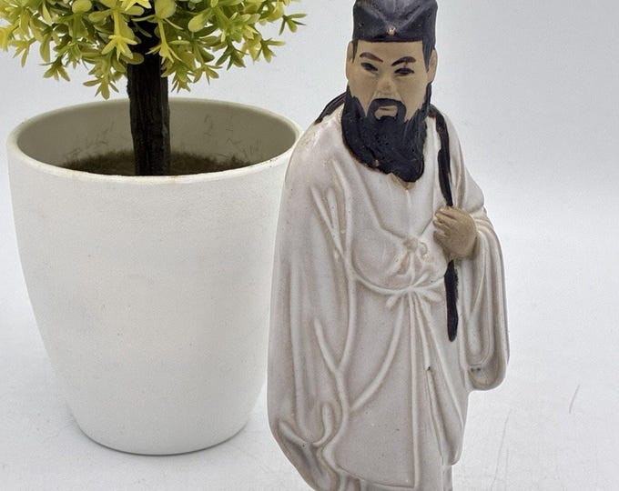 Chinese Ceramic Scholar Sage Figurine White Glaze Scroll Black Hat 4.5" Figure