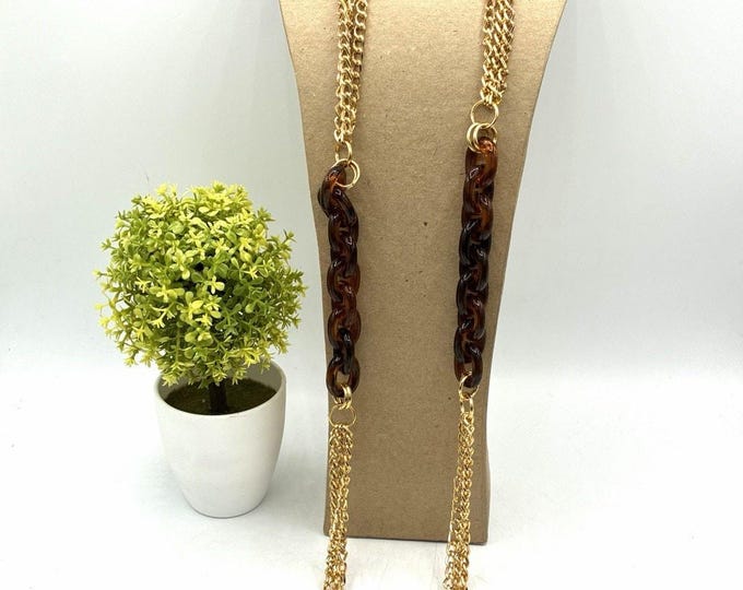 2006 Sonoma Necklace 40” Tortoise Lucite Gold Tone Multi Chain Y2K Boho