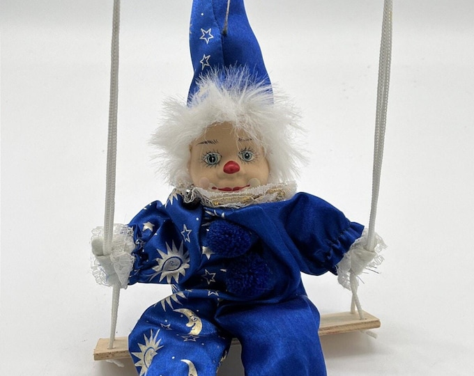 Vintage Porcelain Face Clown Marionette Puppet on Swing Blue Celestial Doll