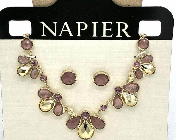 Napier Necklace Earrings Set Purple Gold Tone Statement Jewelry NOS