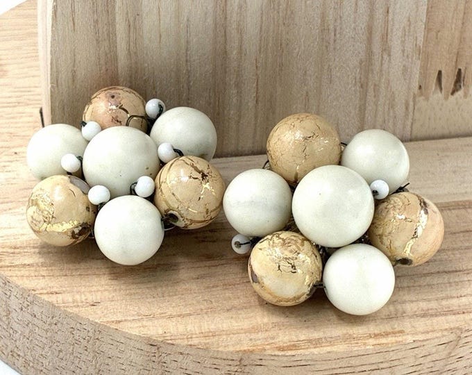 Vintage Japan Cluster Clip Earrings Milk Glass Gold Marbled Bead 1950s 1960s