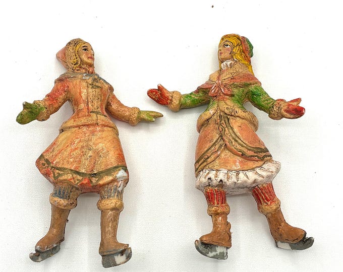 Vintage Hard Plastic Ice Skater Women Figurines Pair 5 Inch Winter Christmas