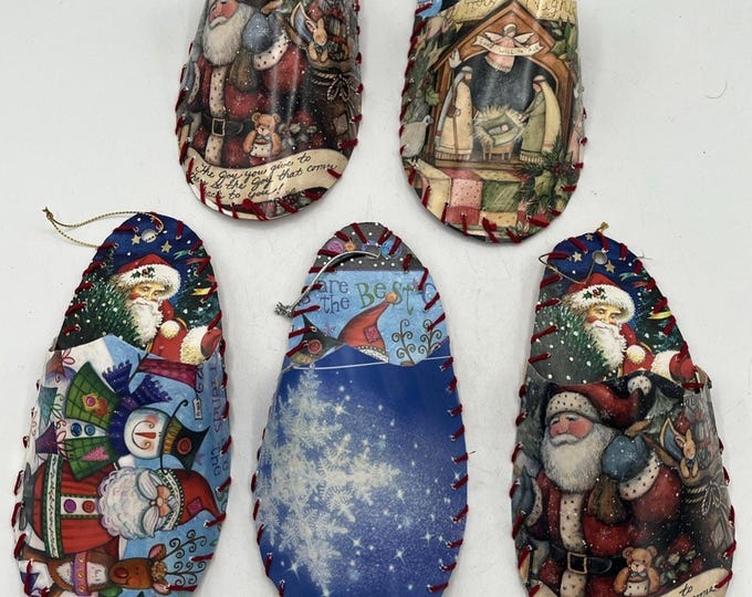 Vintage Handmade Slipper Ornaments Set of 5 | Made From Christmas Cards | 6.5” Holiday Decorations | Retro Paper Crafts