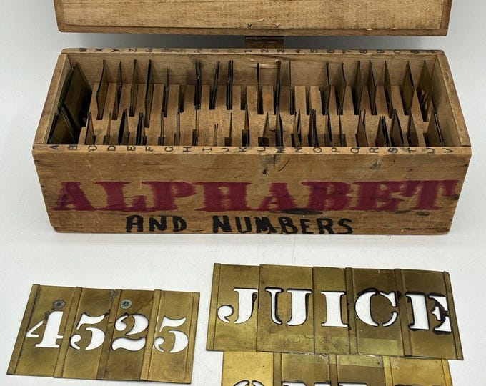 Antique Brass Letter Number Stencil Set Wooden Box Sign Painter Tool