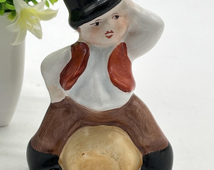 Vintage Hungarian Folk Art Porcelain Figurine Man Sitting Barrel 4" Peasant