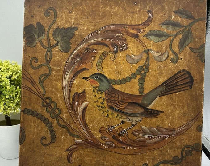 Bird Wall Plaque Gold Crackle Floral Vintage Style MDF Cottage Decor 12x12