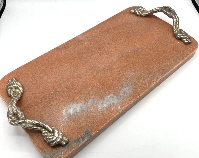 Vintage Marble Stone Cheese Board 15x8 Coral Swirl Rope Handles Heavy Serving