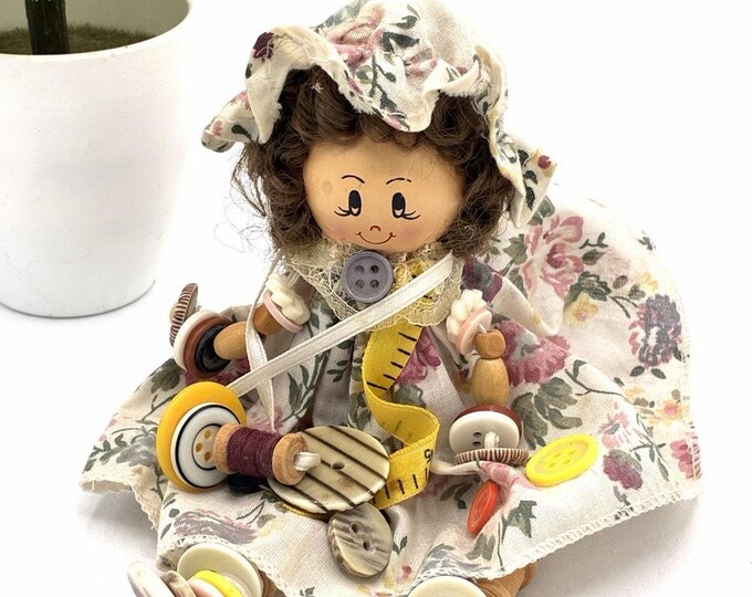 Handmade Wooden Spool Doll Shelf Sitter Sewing Notions Button Legs Floral
