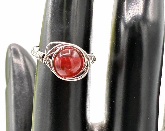 Handmade Wire-Wrapped Carnelian Stone Ring Size 7 Silver-Tone