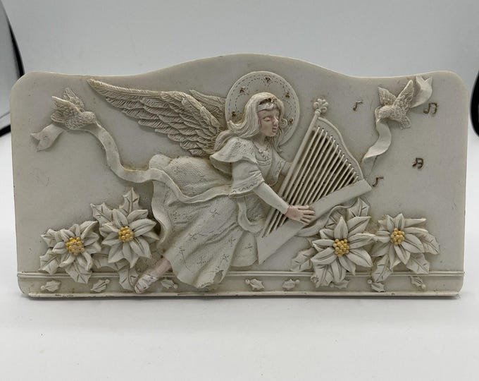 white ceramic plaque raised relief design angel Playing Harp W Doves Holly 9x5