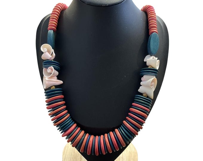 Vintage Chunky Wood Disc Heishi Necklace Coral Teal Carved Figural Beads 24"