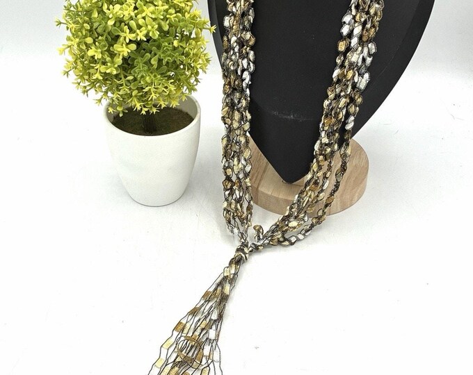 Multi Strand Metallic Ribbon Yarn Lariat Necklace Gold Silver Black 21”