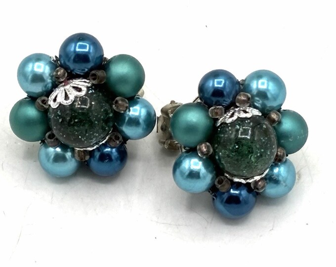 Vintage Japan Blue Faux Pearl Cluster Earrings Teal Cabochon Clip On Statement