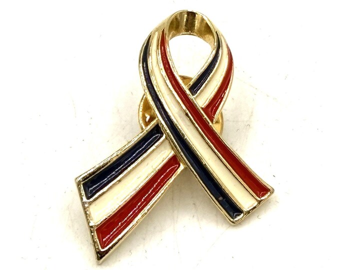Red White Blue Patriotic Awareness Ribbon Lapel Pin Gold Tone USA