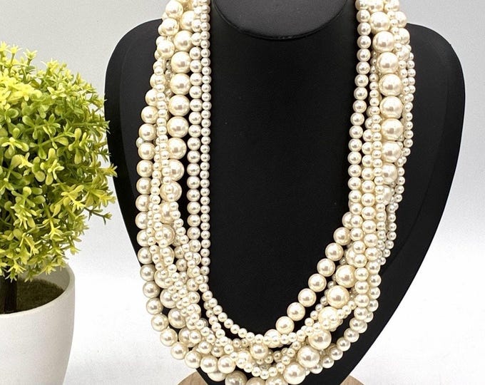18” Multi Strand Faux Pearl Statement Necklace Cream Graduated Beads Chunky