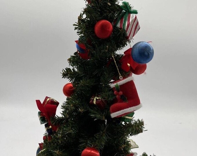 Vintage 19” Decorated Tabletop Christmas Tree – Mixed Wooden, Flocked & Folk Art Ornaments