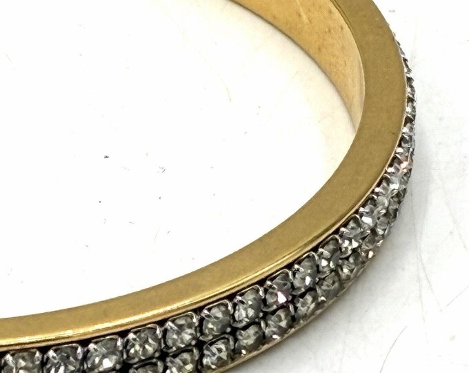 Vintage Gold Tone Rhinestone Bangle — Double Row Clear Pave Bracelet, Sparkly Slip‑On