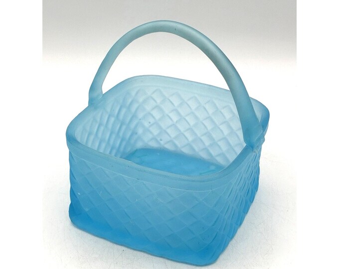 Vintage Blue Satin Frosted Glass Basket Diamond Weave Pattern Hamdle
