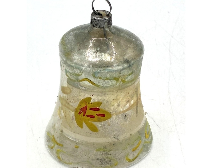 Antique Mercury Glass Bell Christmas Ornament, Pre-WWII, Lead Cap Hand Painted