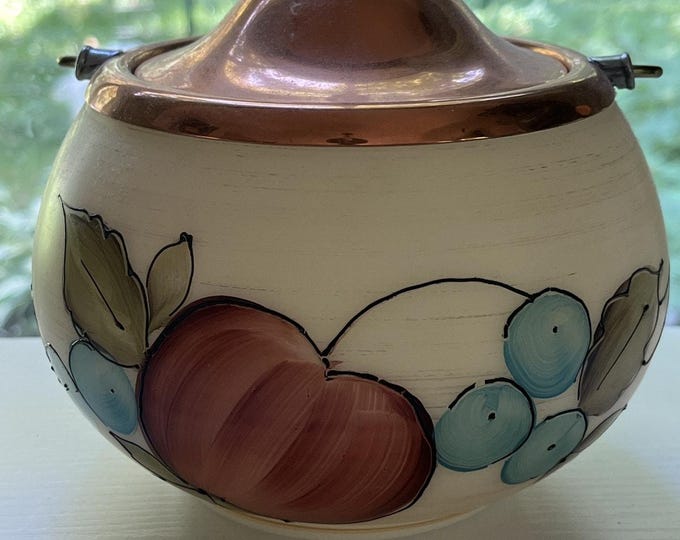 Vintage Hand Painted Fruit design Milk Glass & Silver Plate Biscuit Cookie Barrel LOVELY!