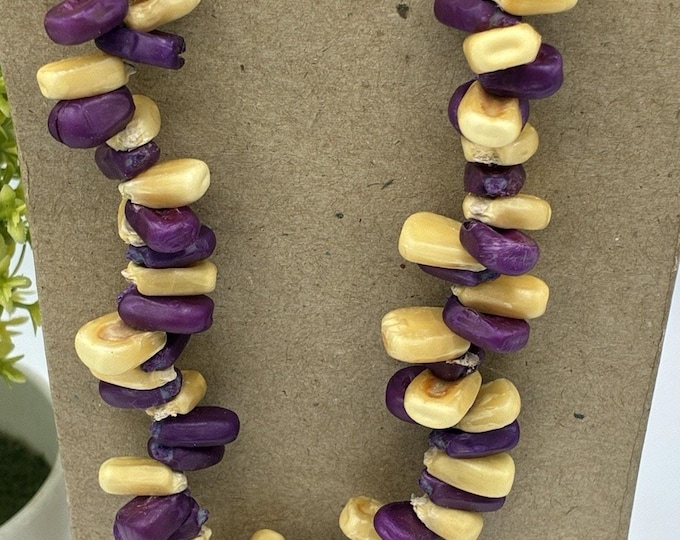Vintage Dyed Corn Kernel Necklace Purple Yellow 24” Folk Art Jewelry Leather