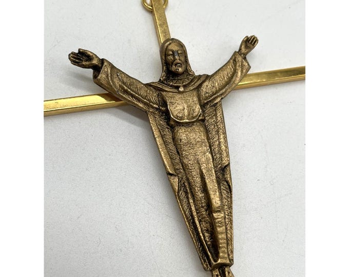 Vintage Brass Crucifix Jesus Risen Wall Hanging MCM 10x5 Inch