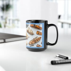 Nautical Adventure Black Mug - Sailboat Design, Gifts for Sea Lovers, Coffee Lover&#39;s Mug, Coastal Decor, Maritime Holding Mug