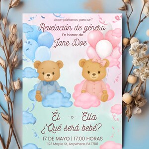Invitación Revelación de Género Ositos | Bewerkbaar digitaal | Él o Ella Qué será bebé? | Thema Rosa en Azul Bebé