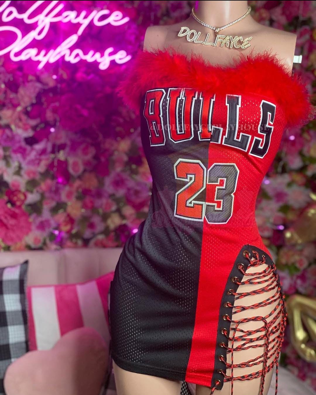 Half Red & Half Black Bulls #23 Jersey Dress – Side Split Tie-up W/ Red ...