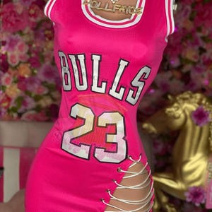 Hot Pink Bulls #23 Jersey Dress w/ Side Split Tie-Up – Custom Game Day Dress