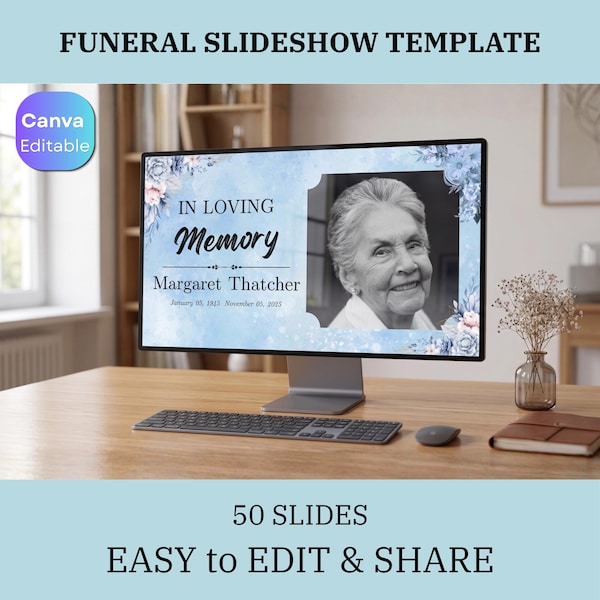 Blue Floral Funeral Slideshow Template • Celebration of Life (Editable Canva)