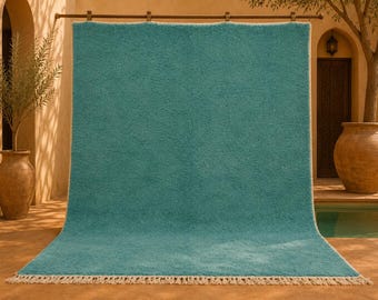 May include: A large, rectangular, solid teal area rug with a thick, plush, shaggy texture. The rug features a cream-coloured fringe along the bottom edge and a matching cream-coloured border trim along the sides and top, hanging from a rod.