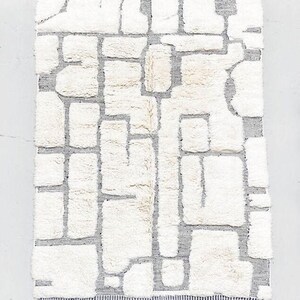 Peut inclure: Tapis rectangulaire blanc avec un motif géométrique de formes blanc cassé soulignées de gris. Le tapis a une frange le long du bord inférieur. Le design rappelle un plan de ville abstrait.