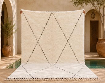 Beni Ourain Moroccan Rug – White Wool Berber Carpet with Black Diamond Lines – Handwoven Minimalist Area Rug – Custom Sizes Available