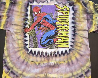 Koszulka Spiderman Marvel Comics Tie Dye Large, ręcznie robiona, barwiona metodą Ice Dye, z nadrukiem Tie Dye
