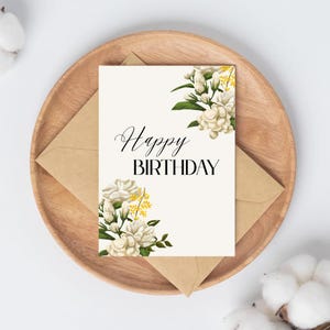 Cartão de aniversário floral, elegante e cheio de classe para ela | Tema botânico para impressão/download digital | Estética minimalista com cores neutras