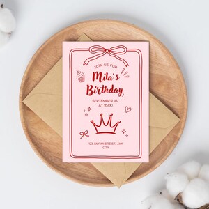 Convite de Aniversário da Princesa Rosa | Convite Digital para Festa de Meninas | Coroa e Laço | Download Instantâneo | PDF para Impressão