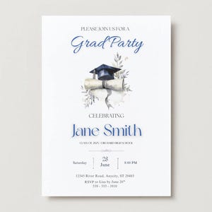 Blue Graduation Party Invitation: Modern Grad Cap Design (Editable Canva Template)