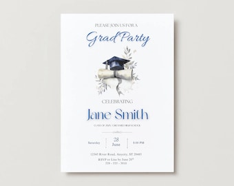 Convite para Festa de Formatura Azul: Design Moderno de Boné de Formatura (Modelo Editável do Canva)