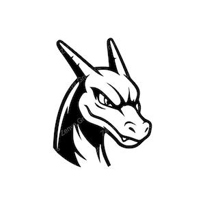 May include: A black and white illustration of a dragon's head, featuring sharp horns and an intense gaze. The dragon's profile is depicted with bold lines, showcasing a fierce and detailed design. The text "Zenya Graphics" is visible.