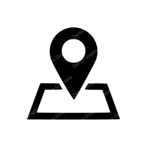 May include: Black location pin icon over a map outline. The pin has a white circle at the top. The map outline is a simple rectangle shape. The background is white.