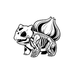 May include: Black and white illustration of a Bulbasaur with an anatomical design, showcasing the skeletal and muscular structure. The artwork features detailed lines and shading, creating a unique and artistic representation of the character.