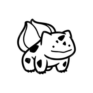 May include: A black and white cartoon illustration of a Bulbasaur character. The character has a large bulb on its back, with black spots on its body and head. The image is a simple, clean design.