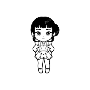 Può includere: Illustrazione di un cartone animato in bianco e nero di un personaggio chibi con un volto sorridente, che indossa un abito dettagliato. Il personaggio ha i capelli neri e sta in piedi con le mani sui fianchi. L'immagine ha il testo "Zenya Graphic".