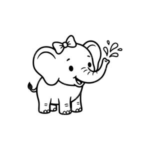 May include: A black and white cartoon illustration of a smiling elephant wearing a bow. The elephant is spraying water from its trunk. The image is a simple, clean design, suitable for children's products or nursery decor.