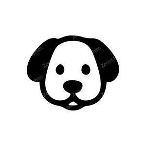 May include: A black and white graphic of a dog's face. The dog has large, rounded ears, a white face, and black eyes and nose. The design is simple and cartoon-like, suitable for various applications.